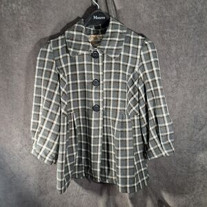Forever 21 Grey Cream Mustard Plaid 3/4 Puff Sleeve Lightweight Jacket NWT L